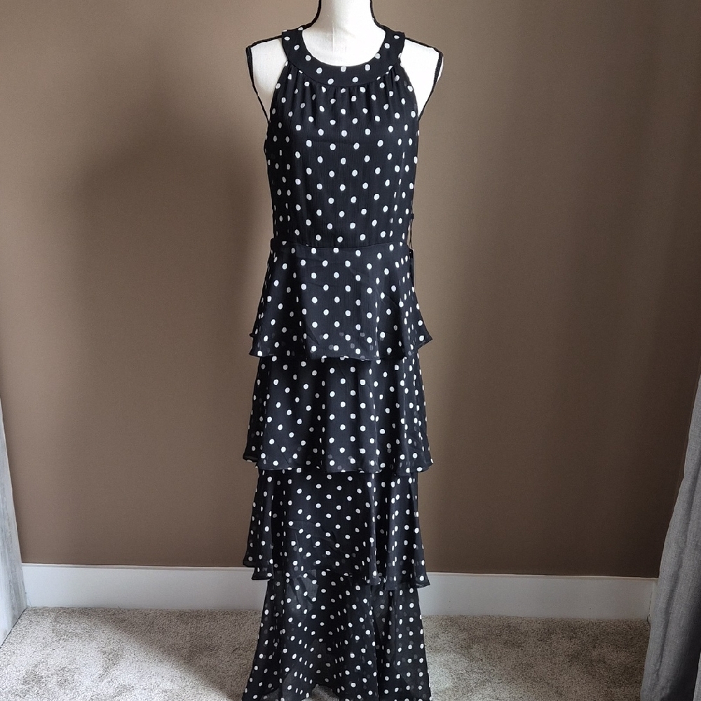Tommy Hilfiger Black and White Polka Dot Maxi Multi Ruffle Dress